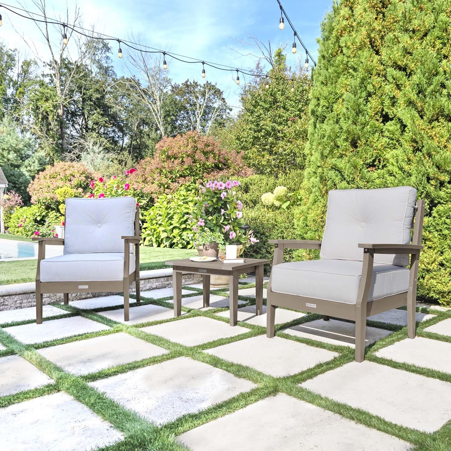 Blushing Bay 3 Pc Recycled Plastic Seating Set in Bliss Linen/Woodland Brown by Lakeview Outdoor Designs - Angled Right - Lifestyle thumbnail