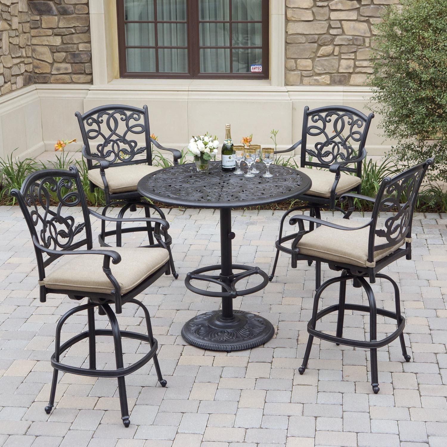 Darlee Santa Monica 5 Pc Cast Aluminum Bar Set w/ 42 Inch Round Series 80 Table & Swivel Bar Stools in Antique Bronze/Beige Canvas by