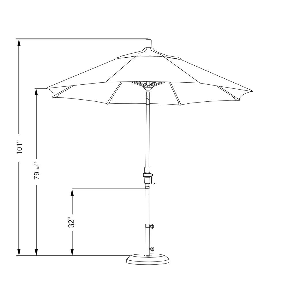 California Umbrella Sun Master Series 9 Ft Octagonal Aluminum Collar Tilt Patio Umbrella W/ Crank Lift & Fiberglass Ribs - Line Drawing