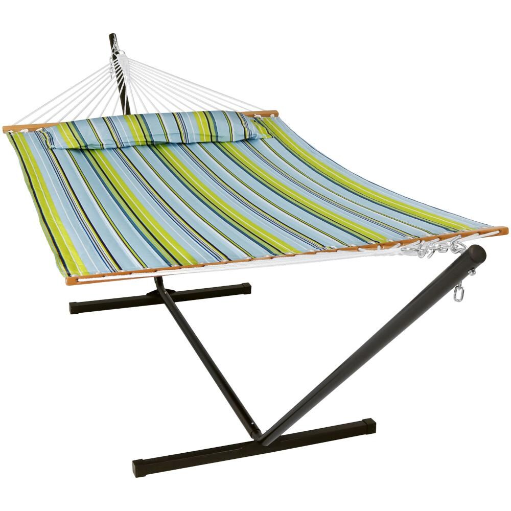Sunnydaze Decor Quilted Hammock w/ Stand & Spreader Bars - Blue & Green - LY-BGHFWP-COMBO image