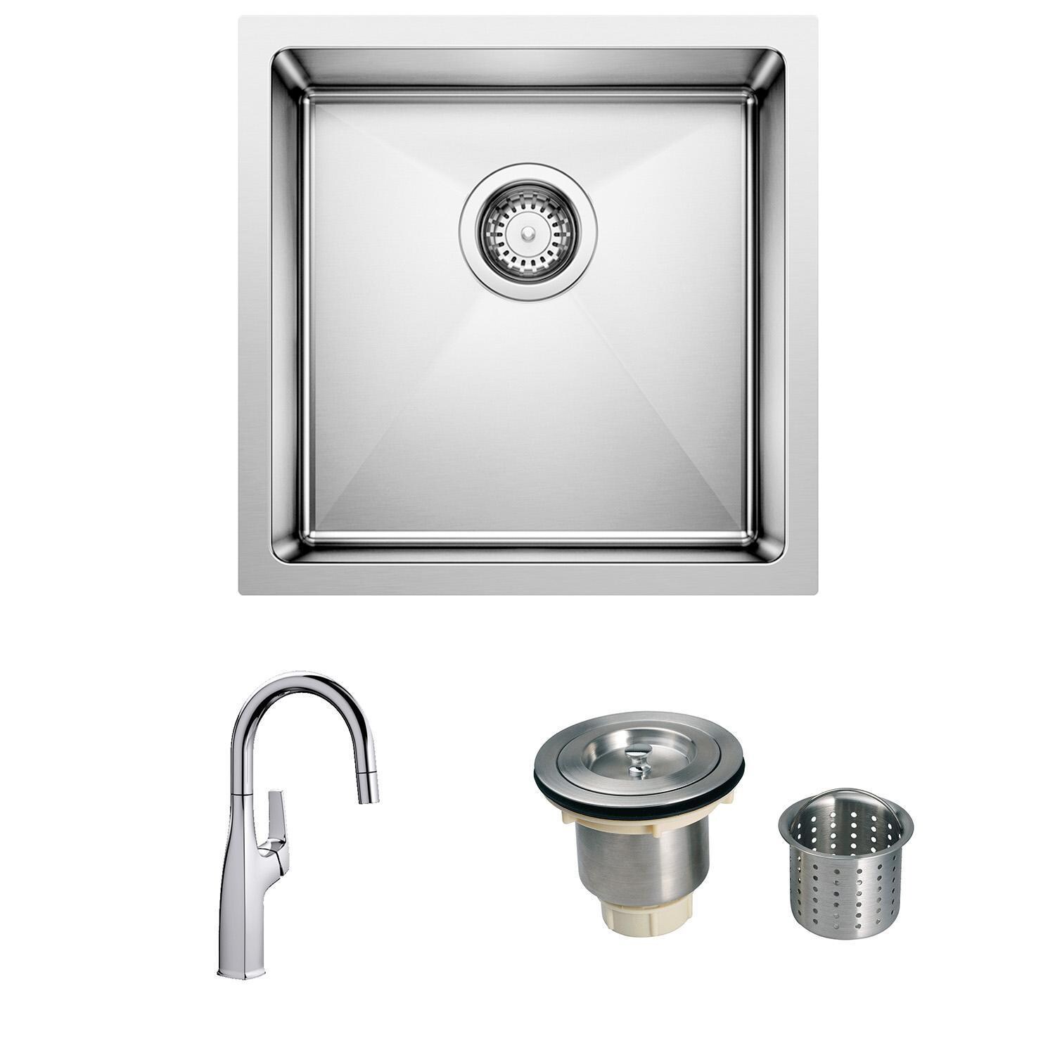 Blanco 524755 + 442681 + LI-XD Cuvee 17 X 17 Stainless Steel Undermount Bar Sink w/ Rivana 15 Inch Single Spray Faucet with Strainer Basket - Bundle - White Background thumbnail