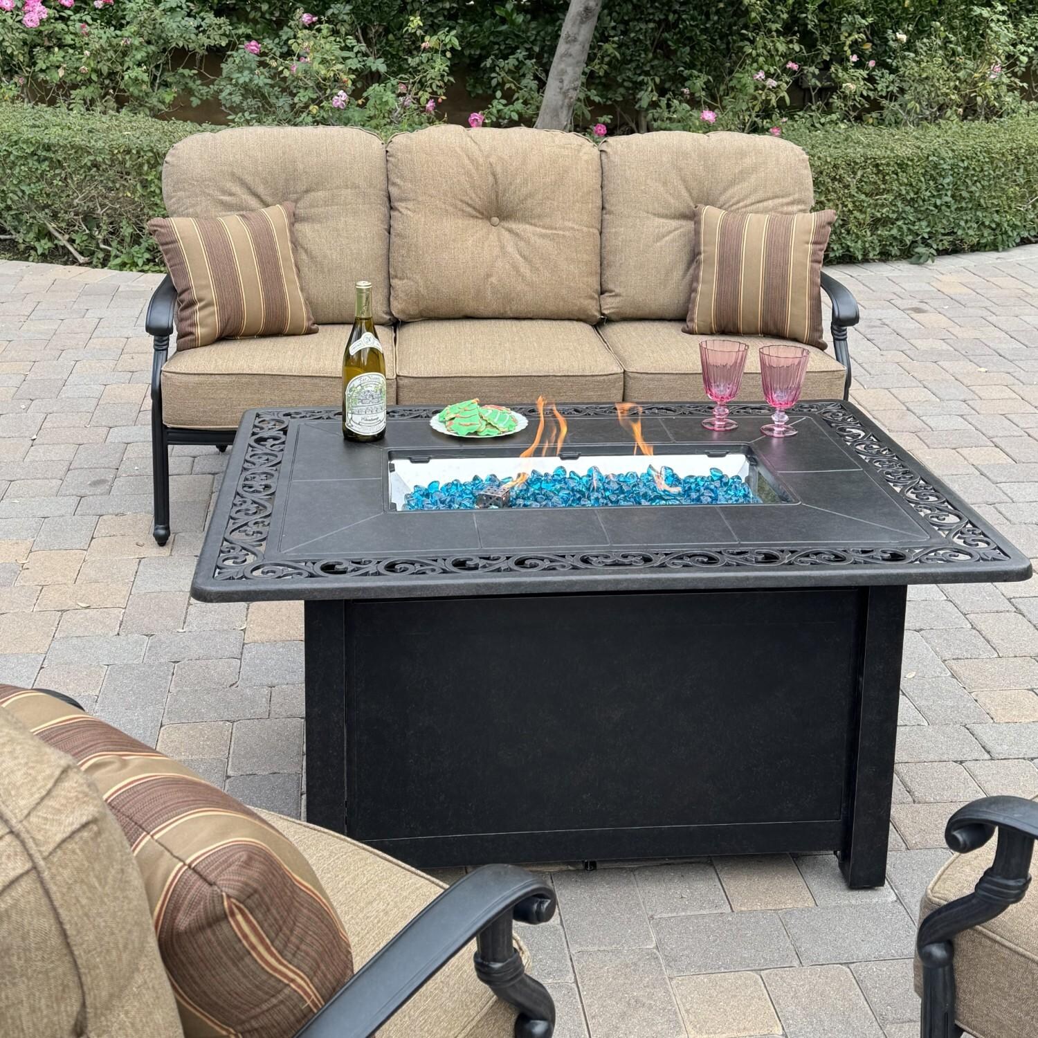Santa Monica 4 Pc Cast Aluminum Seating Set w/ 49 X 35 Inch Fire Pit Table in Sesame/Antique Bronze by Darlee - Chair And Sofa Close Up - Lifestyle thumbnail