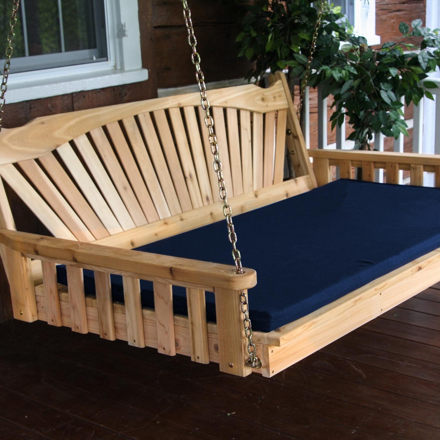 A&L Furniture Fanback 5 Foot Cedar Outdoor Swing Bed With Cushion - Shown With Navy Cushion and Natural Finish thumbnail