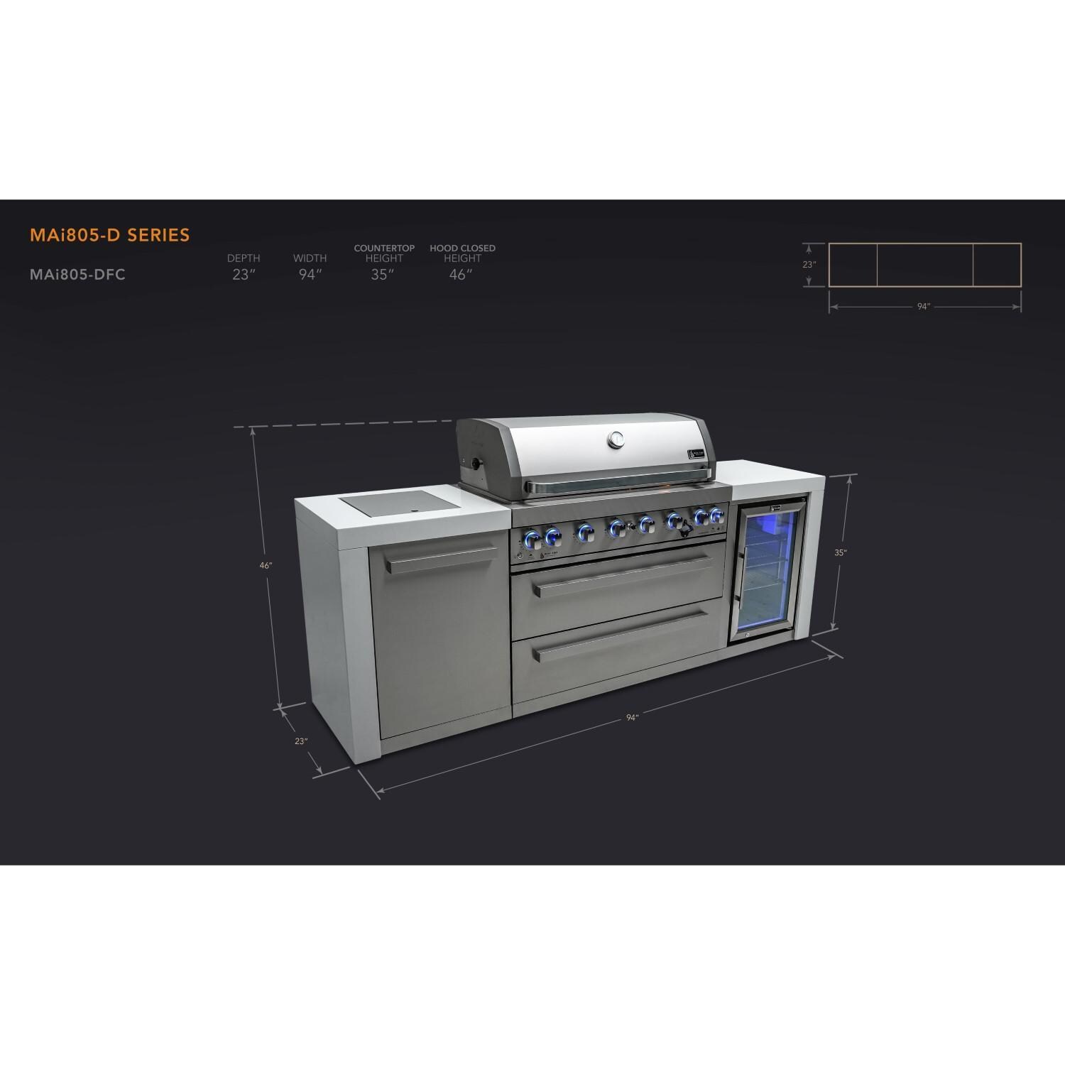 Mont Alpi MAi805-DFC Deluxe Propane Gas Island Grill W/ Refrigerator Cabinet - Dimensional