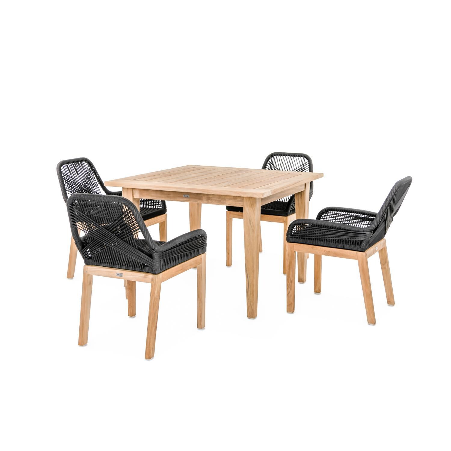 Teak + Table Breeze 5 Piece Olefin Rope & Teak Patio Dining Set W/ 42 Inch Square Table in Charcoal - Angled View - White Background thumbnail