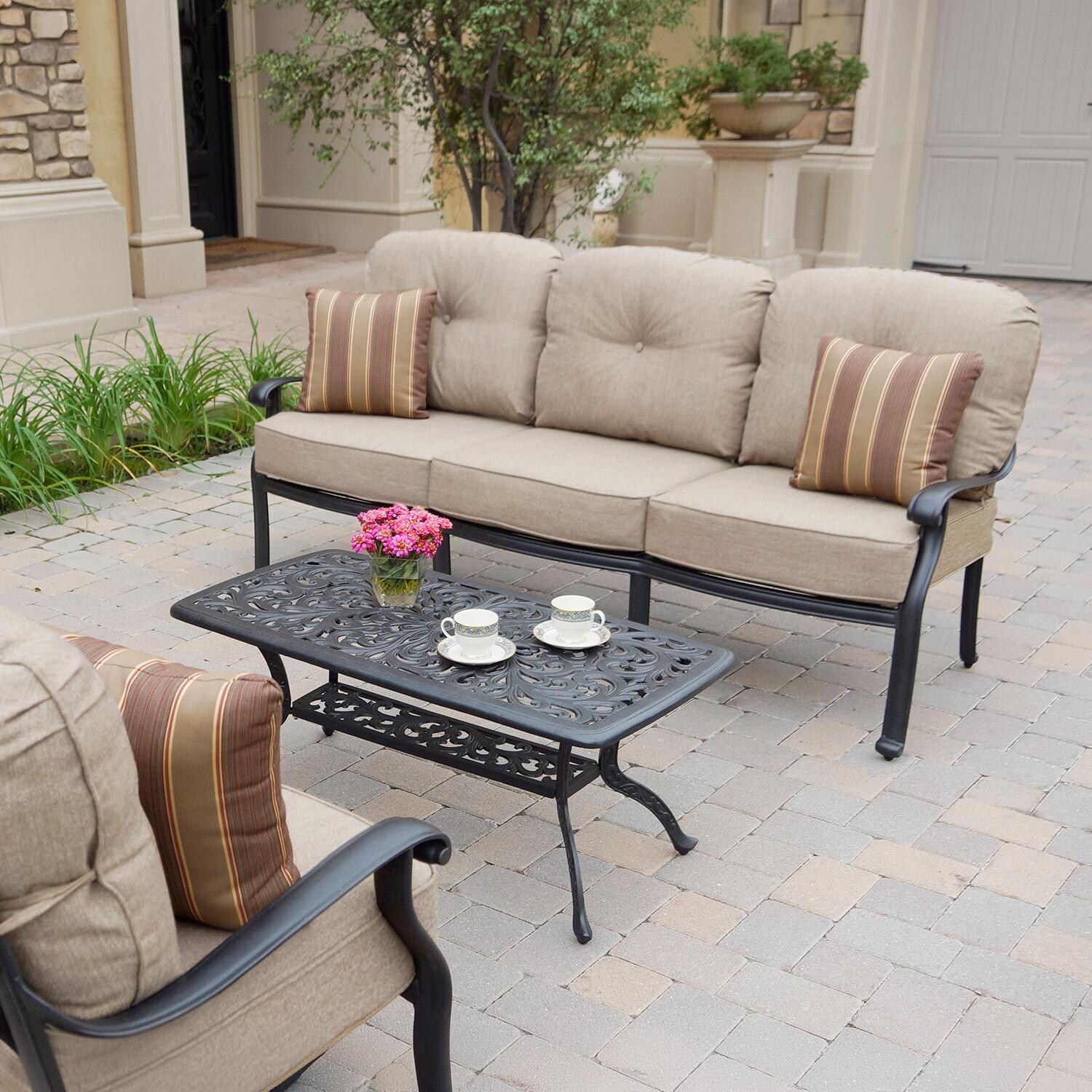 Darlee Elisabeth 4-Pc Seating Set w/ 42 X 21-Inch Series 80 Table & Swivel Rockers & Throw Pillows in Antique Bronze/Beige Canvas - Sofa - Lifestyle thumbnail