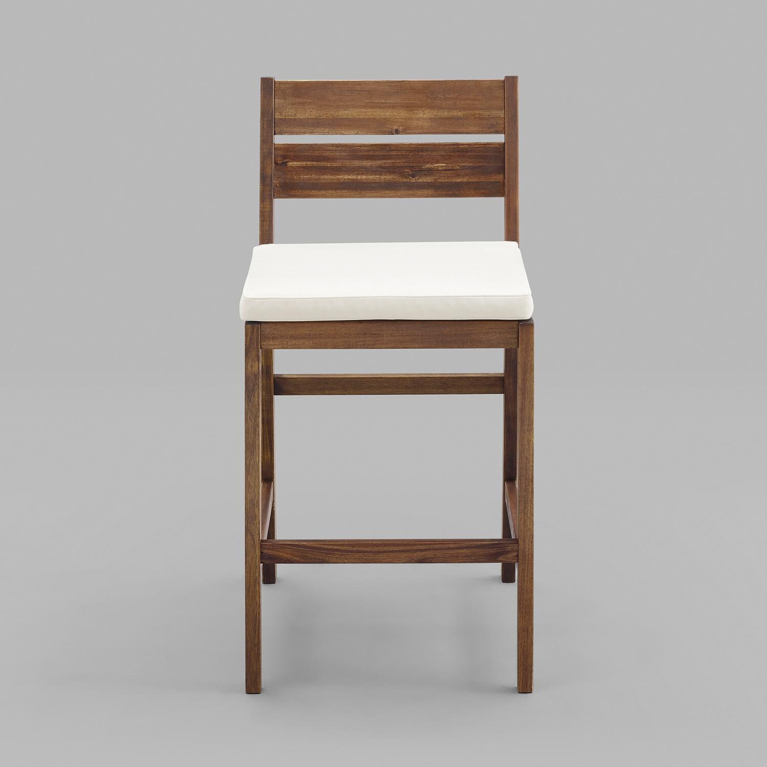 Ultimate Patio 2 Piece Acacia Patio Counter Height Bar Stool Set W/ Off-White Cushions - Dark Brown - Front View thumbnail