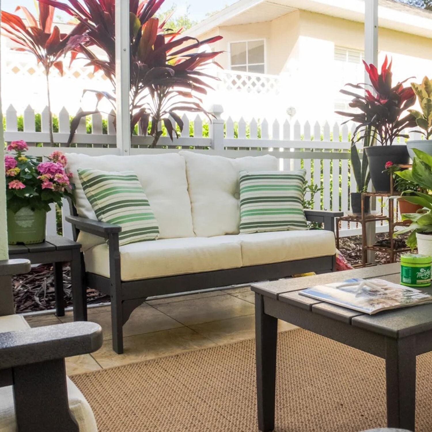 POLYWOOD Vineyard Black & Grey Mist Deep Seating Settee - Back Patio - Shown in Black/Chartreuse Boucle finish - Lifestyle thumbnail