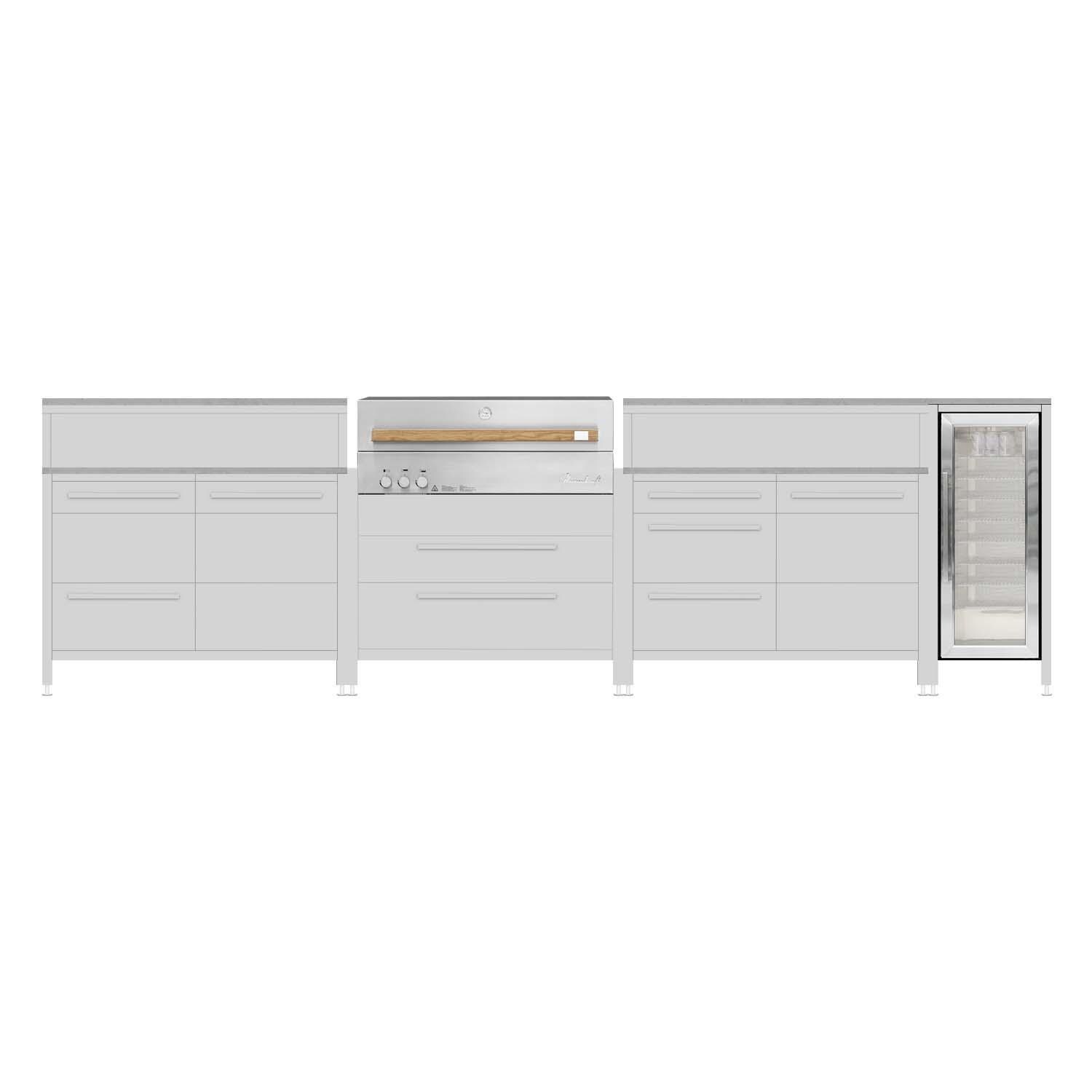 Burnout BBQ Modular Outdoor Kitchen Island w/ Flammkraft Model D Built-In Grill, Caso 4.4 Cu Ft. Refrigreator, Double Drawers, Propane Pullout, and Pullout Waste Bins- Dust - White Background thumbnail