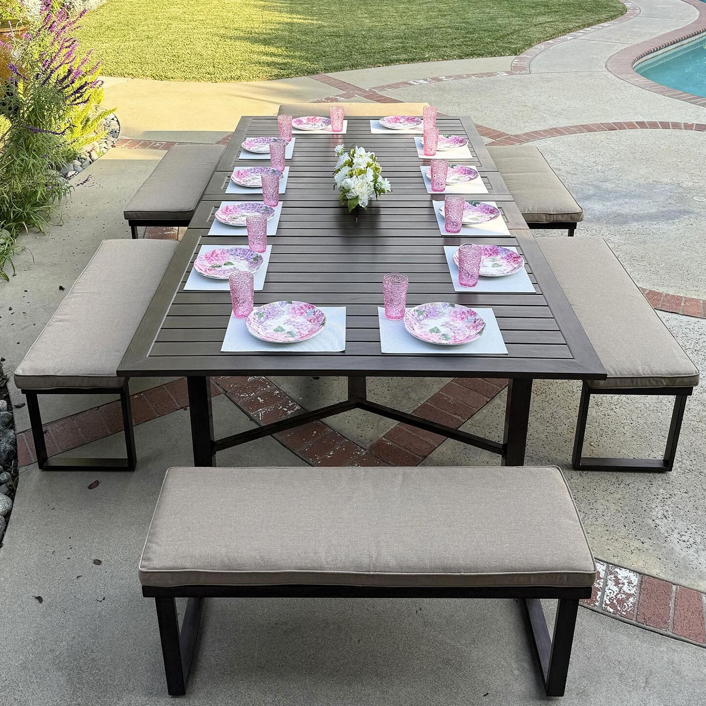 Atlantis 7 Pc Aluminum Dining Set in Walnut/Beige by Darlee - Lifestyle thumbnail