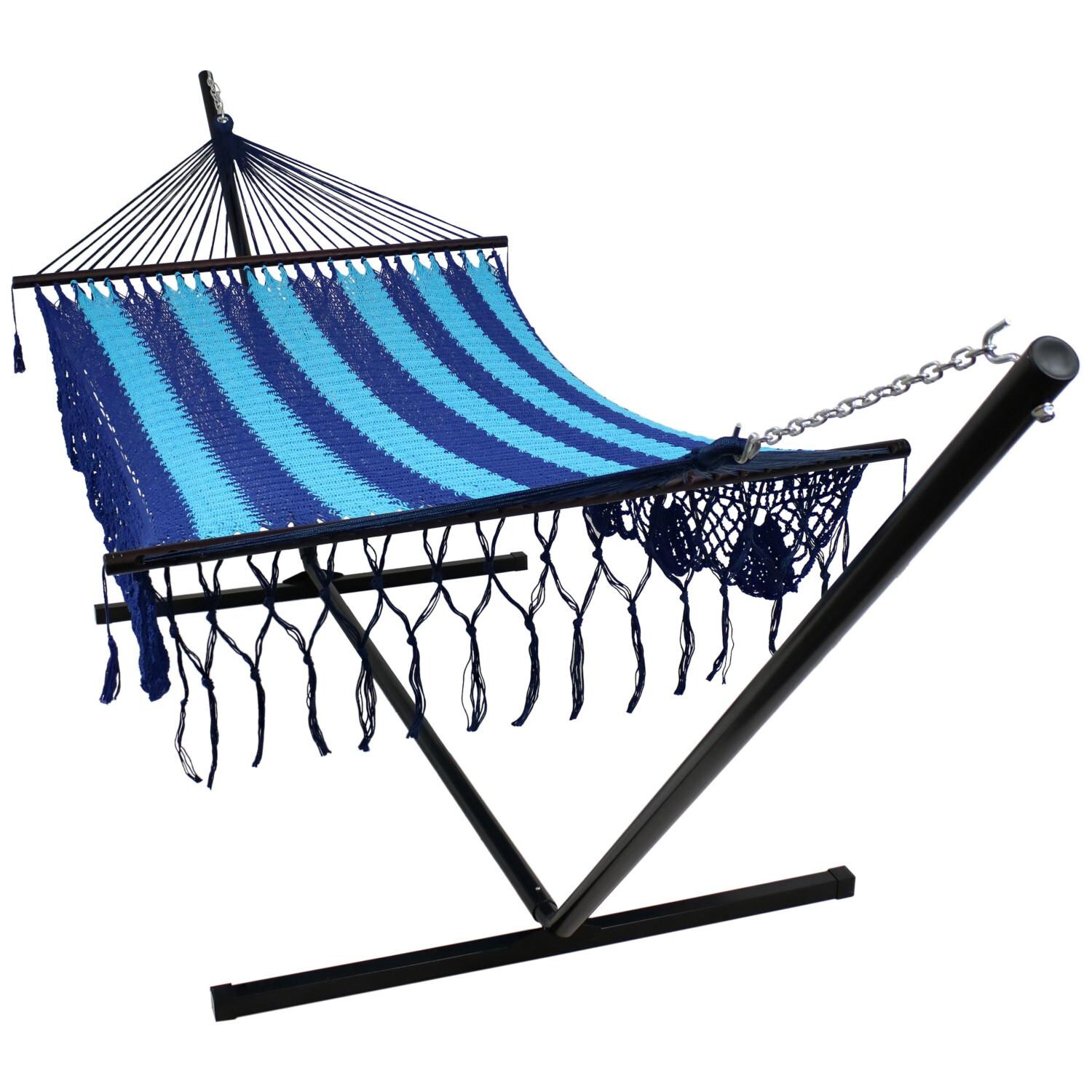 Sunnydaze Decor Deluxe American-Style Hammock w/ 15-Foot Steel Beam Stand - Blue - HM-AND-BLU-COMB image