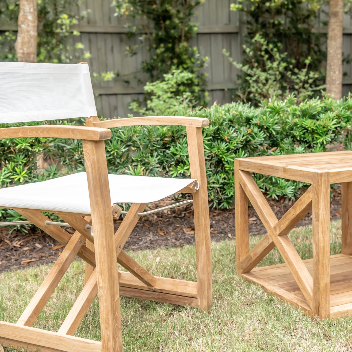 Teak + Table Monday Teak Patio Director Chair W/White Sling - Detail - Lifestyle thumbnail