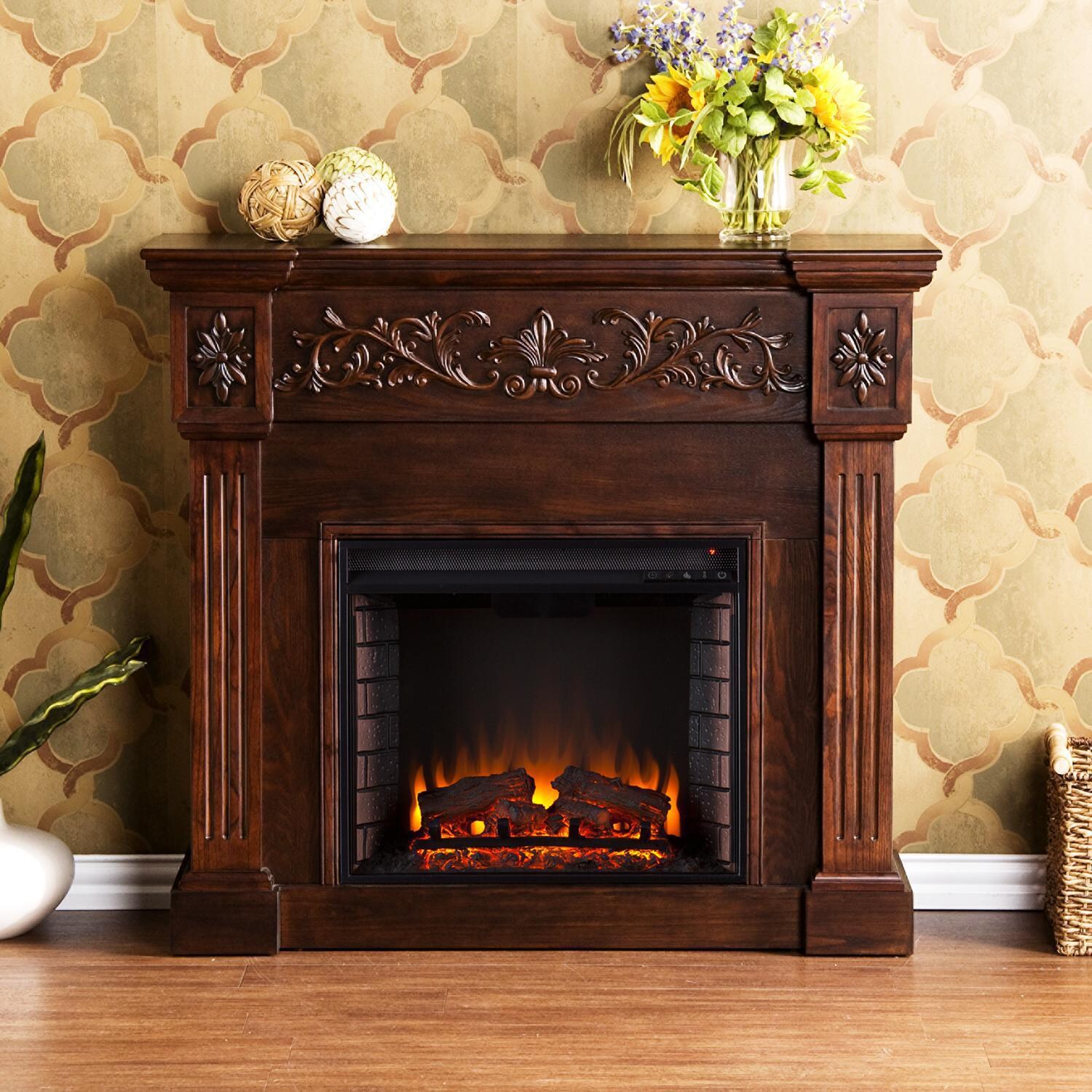 Southern Enterprises Calvert Carved 44-Inch Electric Fireplace Mantel W/ Infrared Heater - Rich Espresso - FI9278
