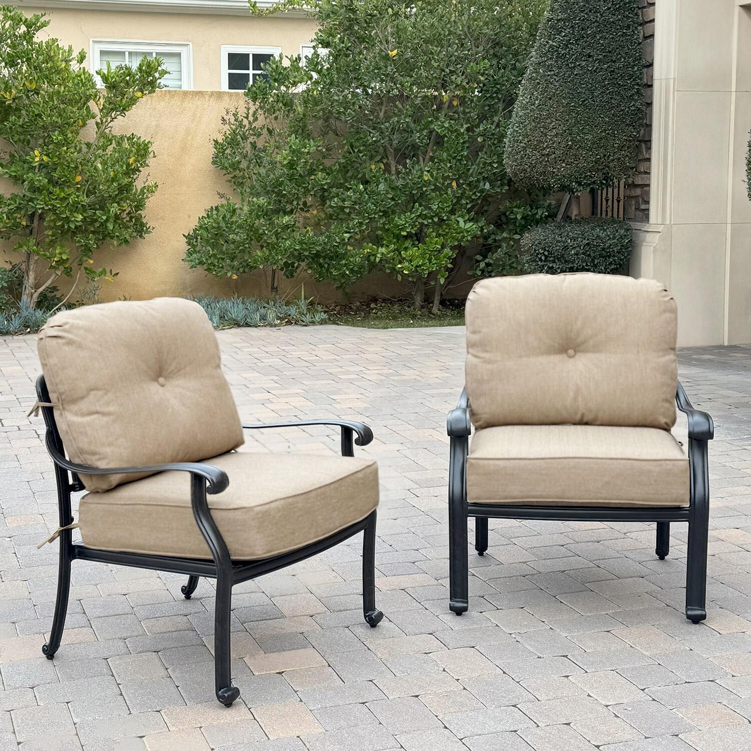 Darlee Elisabeth 6 Pc Cast Aluminum Fire Pit Sofa Seating Set w/ 47 Inch Table & Throw Pillows in Antique Bronze/Beige - Chairs - Lifestyle thumbnail