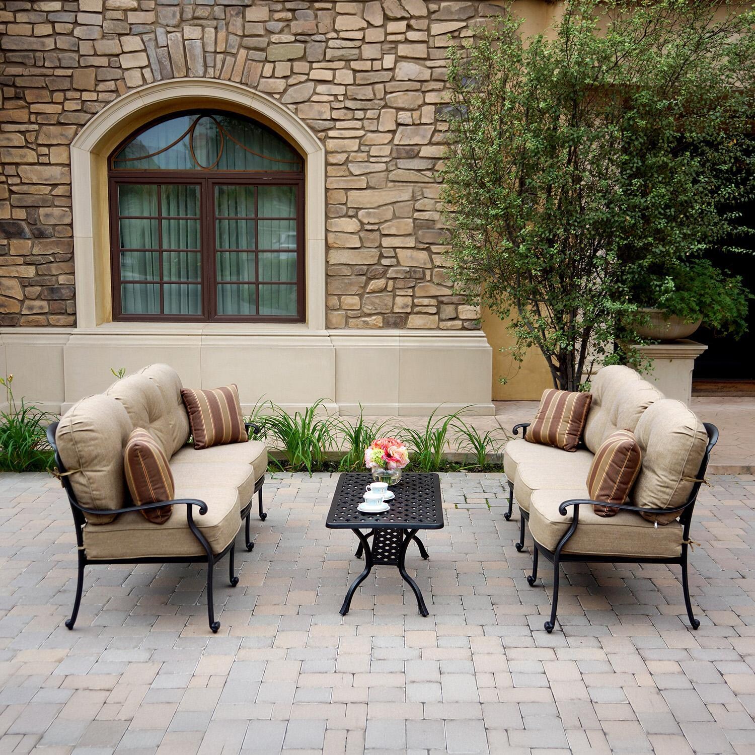 Darlee Elisabeth 3 Pc Cast Aluminum Seating Set w/ 42 X 21 Inch Table & Throw Pillows in Antique Bronze/Beige - Set - Lifestyle thumbnail