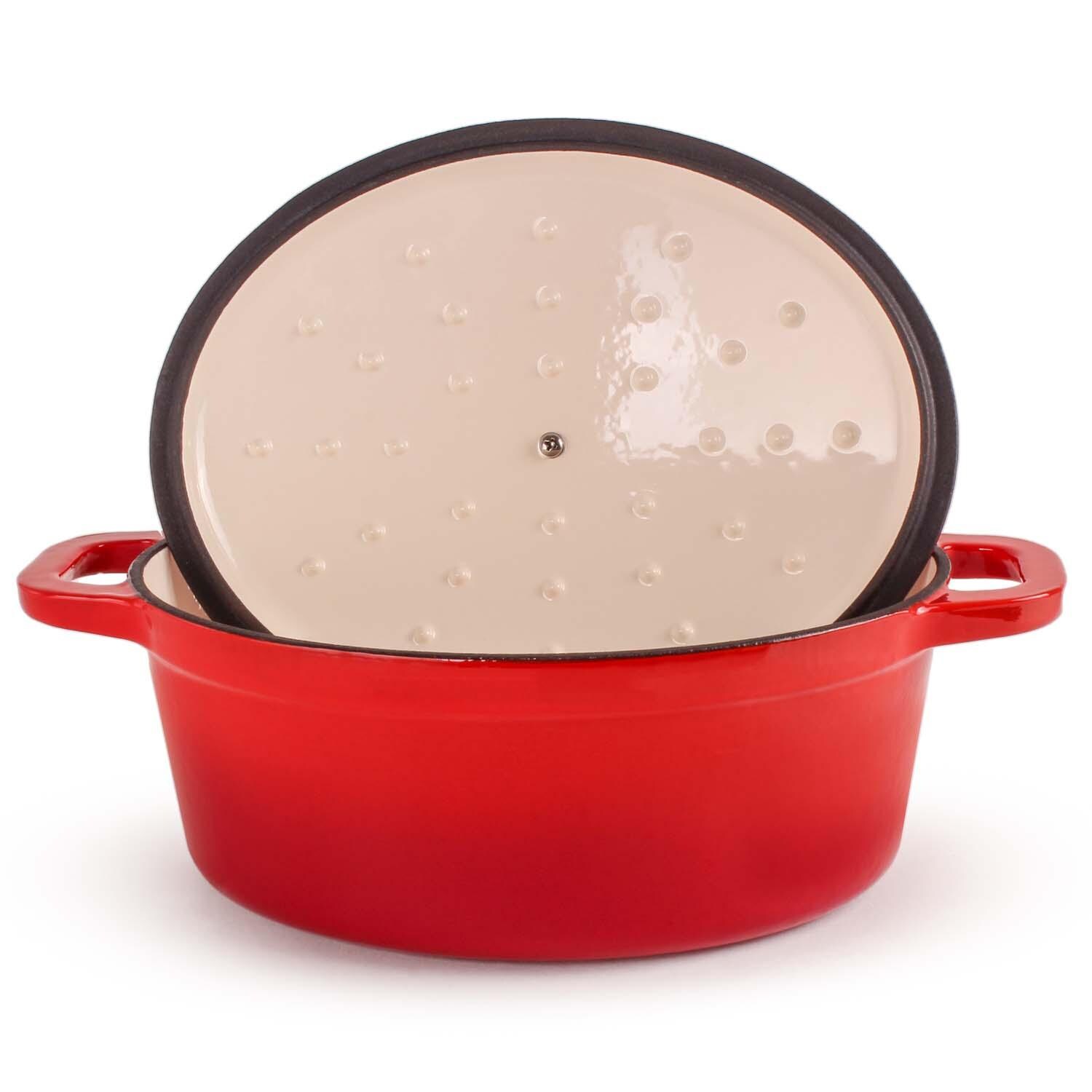 BergHOFF 11 1/2-in Neo Cast Iron 5 Qt. Oval Dutch Oven w/ Lid - Red - Lid Up - White Background thumbnail