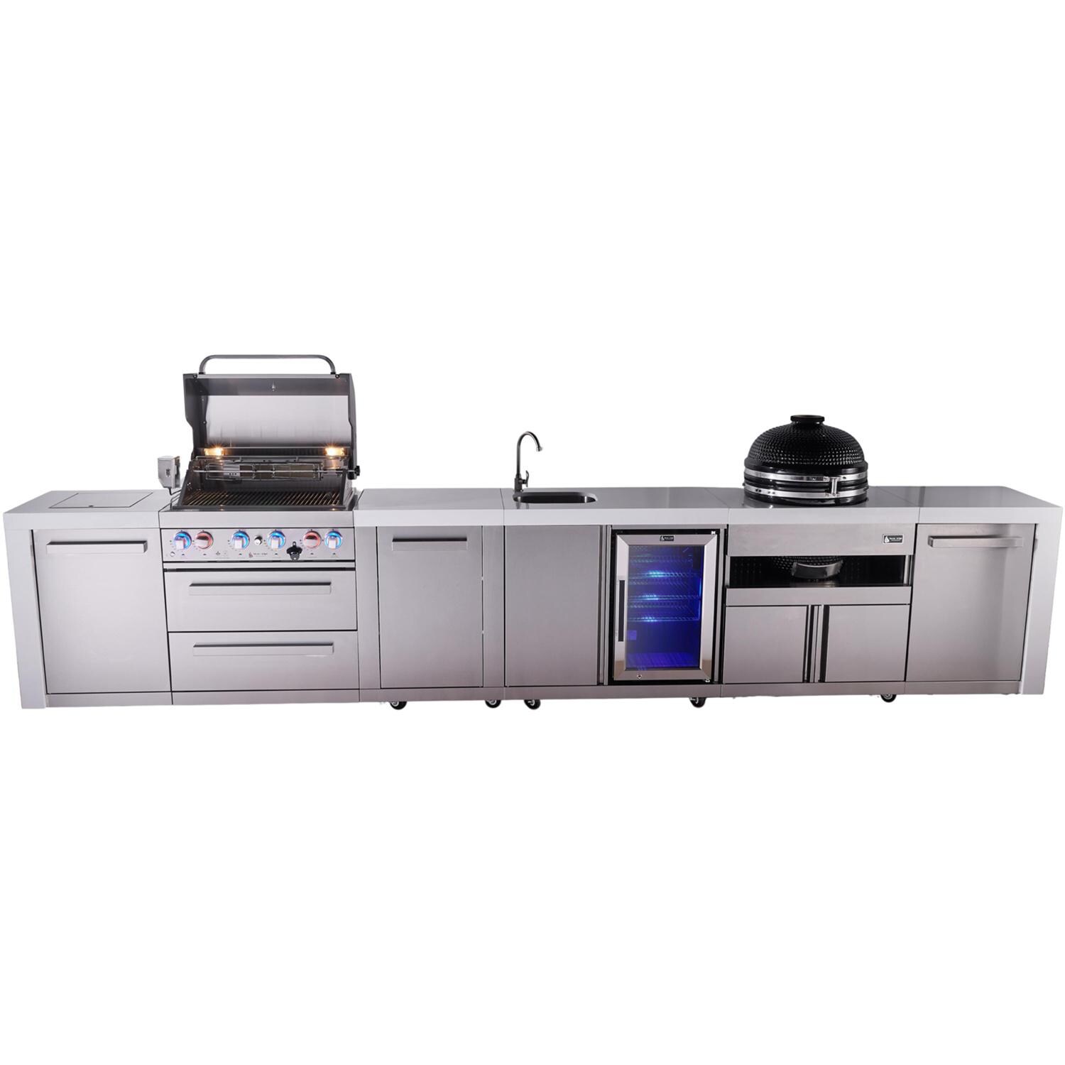 Mont Alpi Deluxe Series 15 1/2 Ft Natural Gas Outdoor Kitchen Island w/ 32-in Grill, Side Burner, Beverage Center, Kamado Module & Extra Door (Ships Propane w/ Conversion Kit) - Grill Open - White Background thumbnail