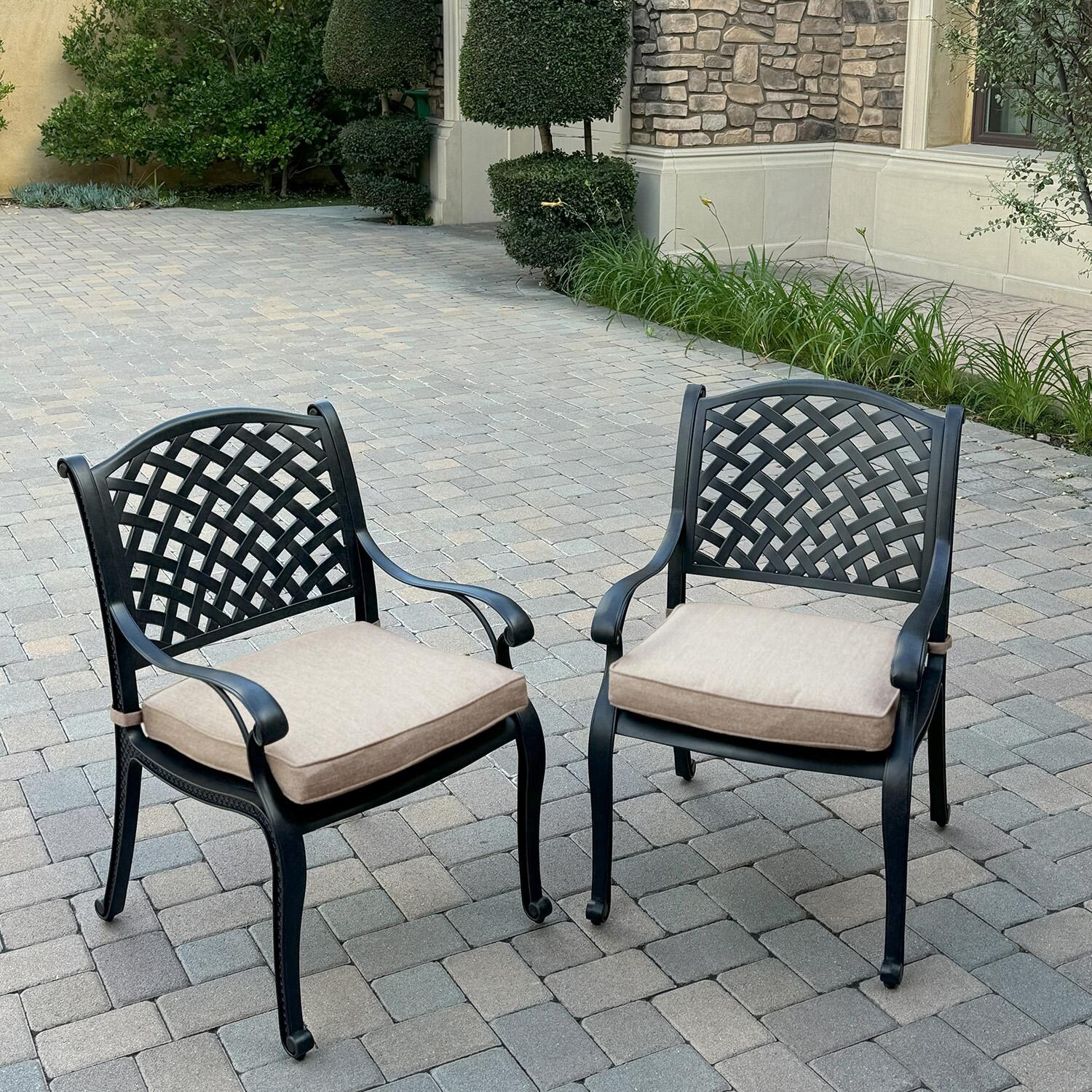 Darlee Nassau 11-Piece Patio Dining Set with Beige Canvas Cushions and 42 X 120 Inch Rectangular Extension Dining Table - Pair of Chairs - Lifestyle thumbnail