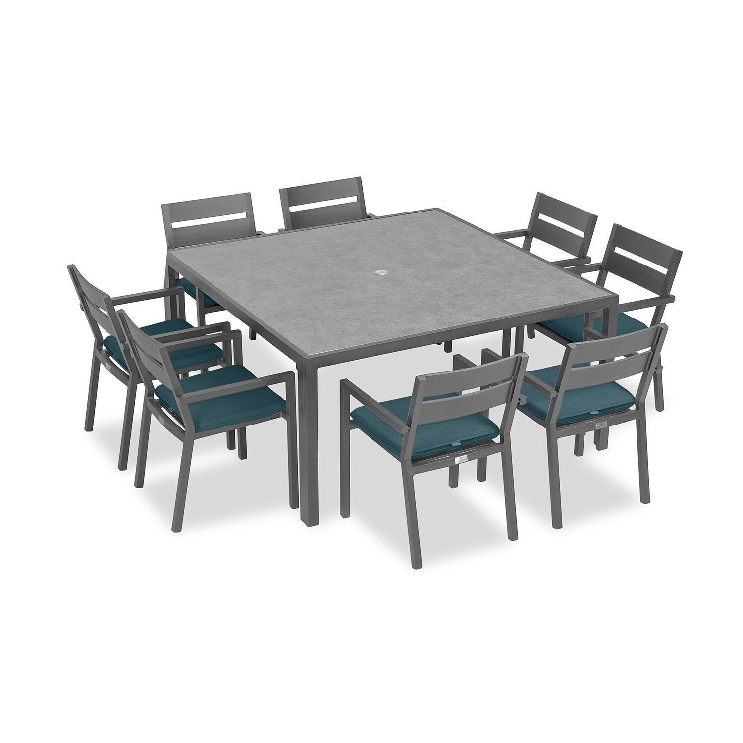 Calm Bay 9 Pc Square Aluminum Dining Set in Slate/Cast Lagoon by Lakeview Outdoor Designs