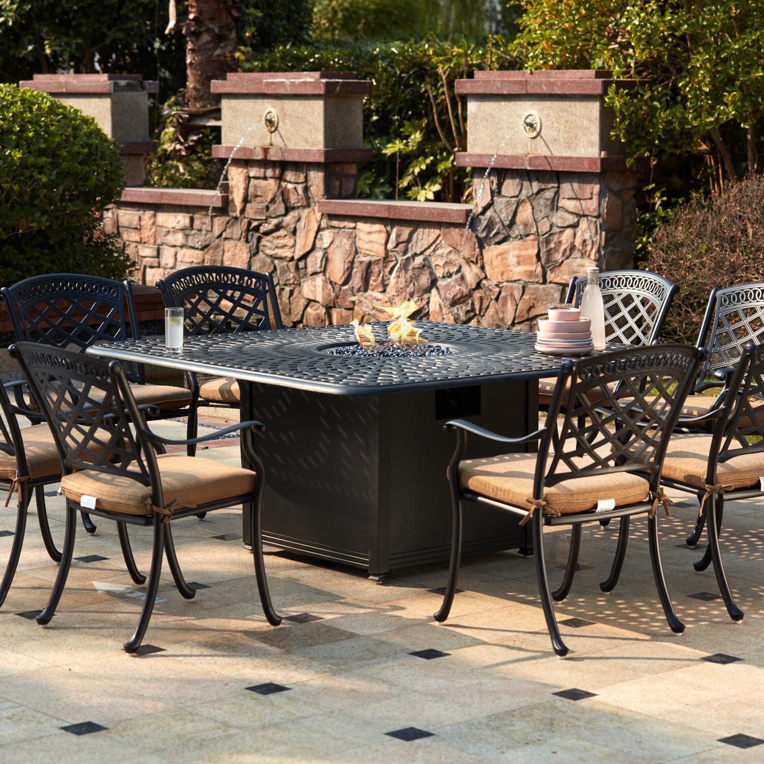 Darlee 201030-9PC-60GW Sedona 9 Piece Cast Aluminum Patio Fire Pit Dining Set W/ 64 Inch Square Table & Sesame Cushions thumbnail