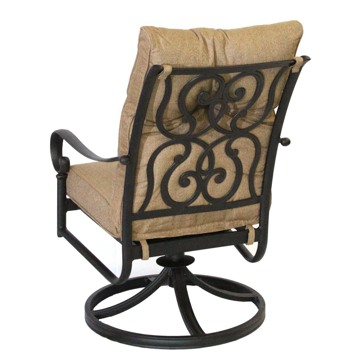 Santa Anita 7 Pc Cast Aluminum Patio Dining Set W/ 72 X 42 Inch Rectangular Table & Sesame Sunbrella Cushions By Darlee - Swivel Rocker Dining Chair W/ Sesame Cushions - Back View - White Background thumbnail