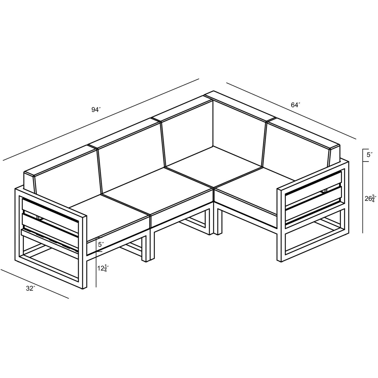 Lakeview MSTYCV-BK-4SEC-CS Misty Cove 4 Pc Aluminum Sectional Set in Black w/Canvas Natural Cushions by Lakeview Outdoor Designs - Line Drawing - Dimensional thumbnail