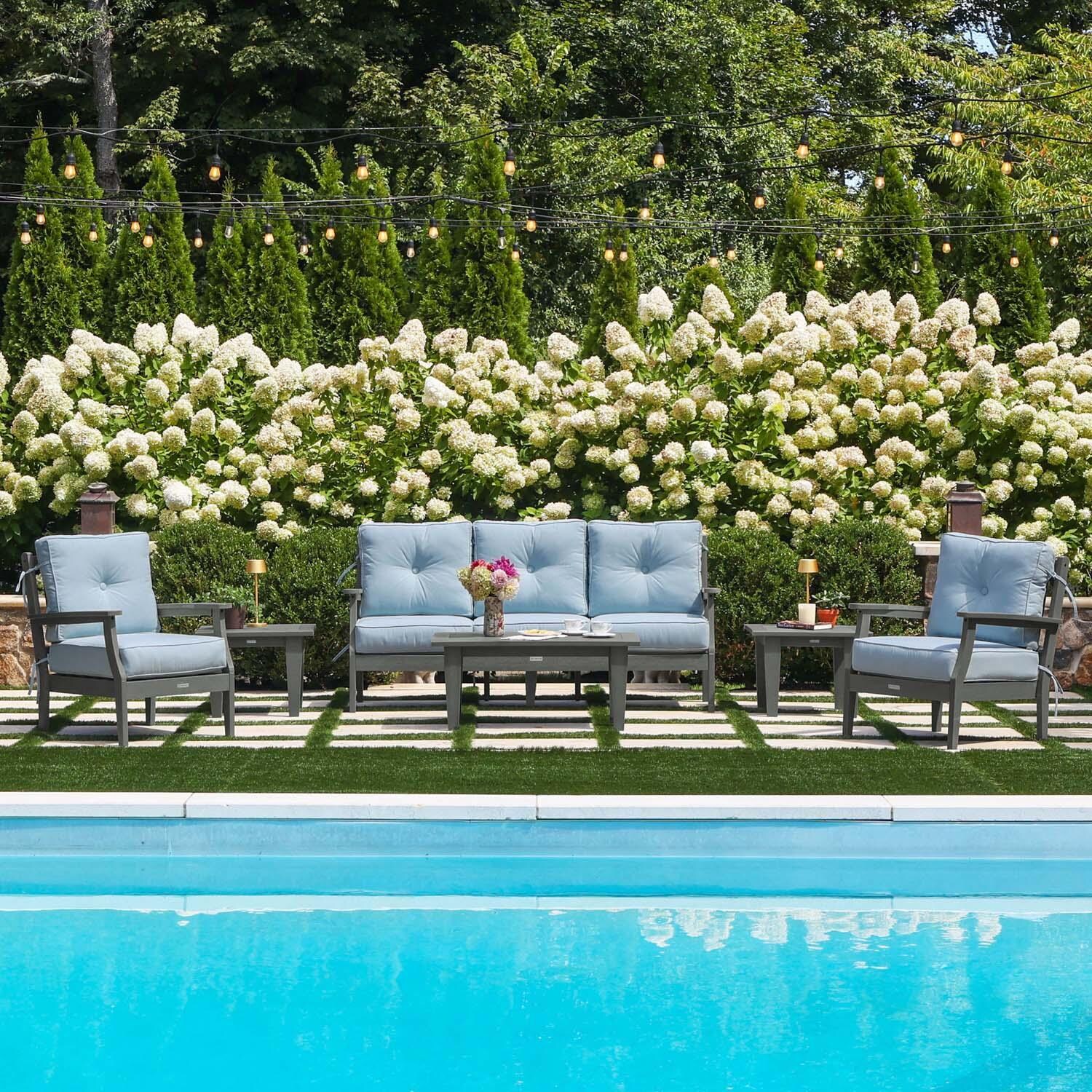 Blushing Bay 6 Pc Recycled Plastic Seating Set w/ Sofa in Bliss Dew/Coastal Teak by Lakeview Outdoor Designs - By the Pool - Lifestyle thumbnail