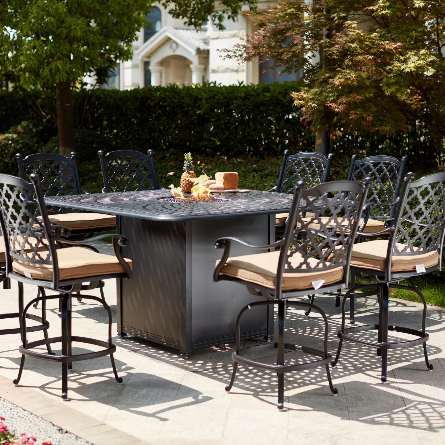 Madison 9 Piece Cast Aluminum Patio Counter Height Fire Pit Bar Set W/ 64 Inch Square Table By Darlee