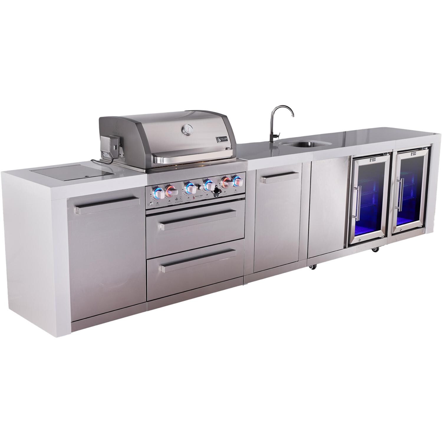 Mont Alpi Deluxe Series 12 Ft Natural Gas Outdoor Kitchen Island w/ 32-in Grill, Side Burner, Beverage Center, Fridge & Extra Door (Ships Propane w/ Conversion Kit) - Angled Left - White Background thumbnail