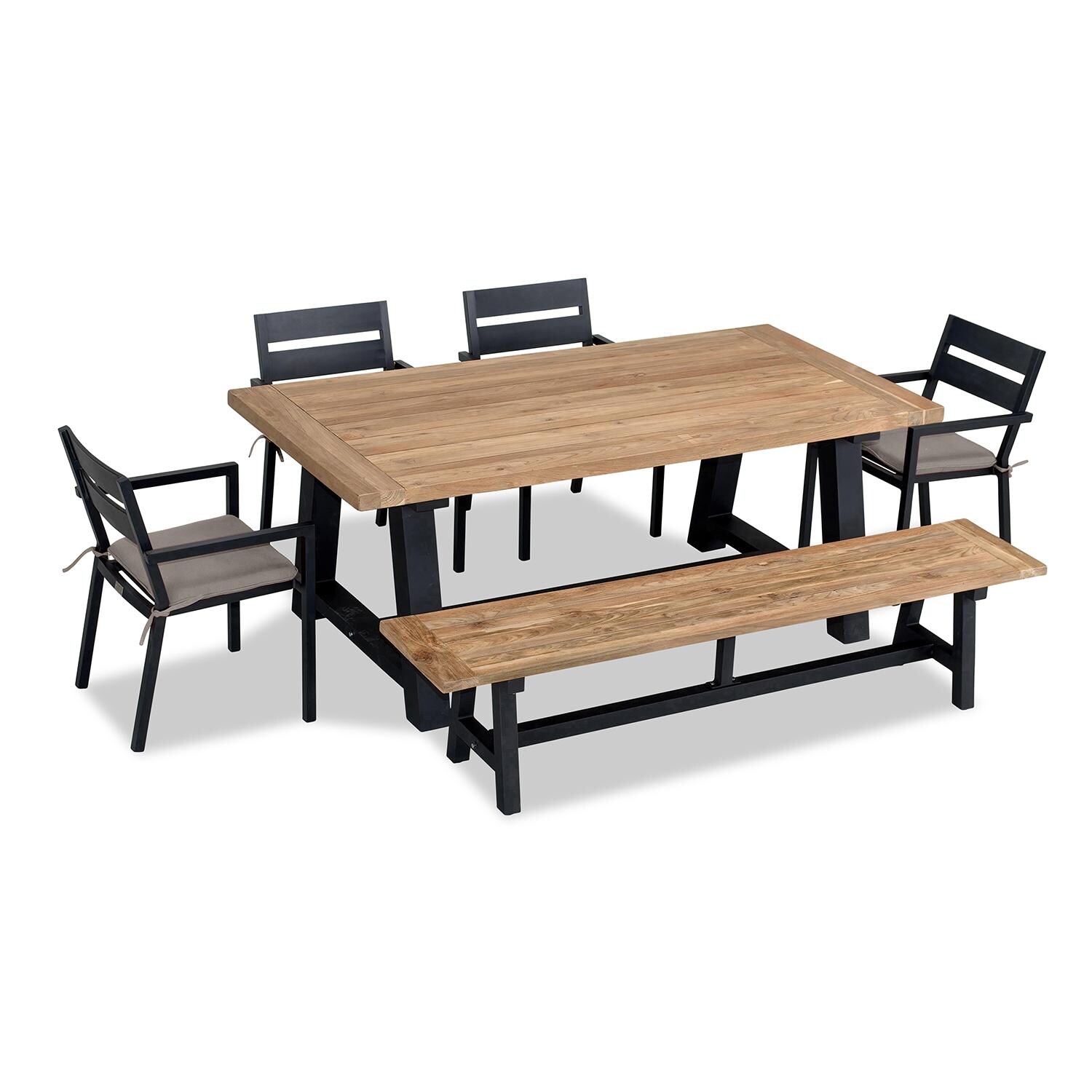 Calm Bay Mill 7 Pc Reclaimed Teak Aluminum Dining Set w/ Bench in Black/Canvas Charcoal by Lakeview Outdoor Designs