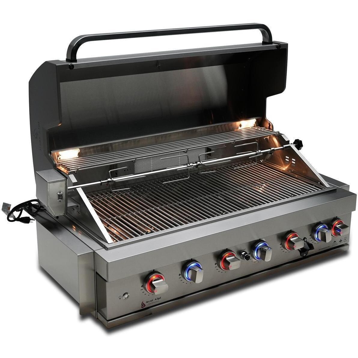 Mont Alpi MA805-AW 6-Burner Stainless Steel Art-Wood Propane Island Grill - Grill Head Lid Open Angled Right - White Background thumbnail