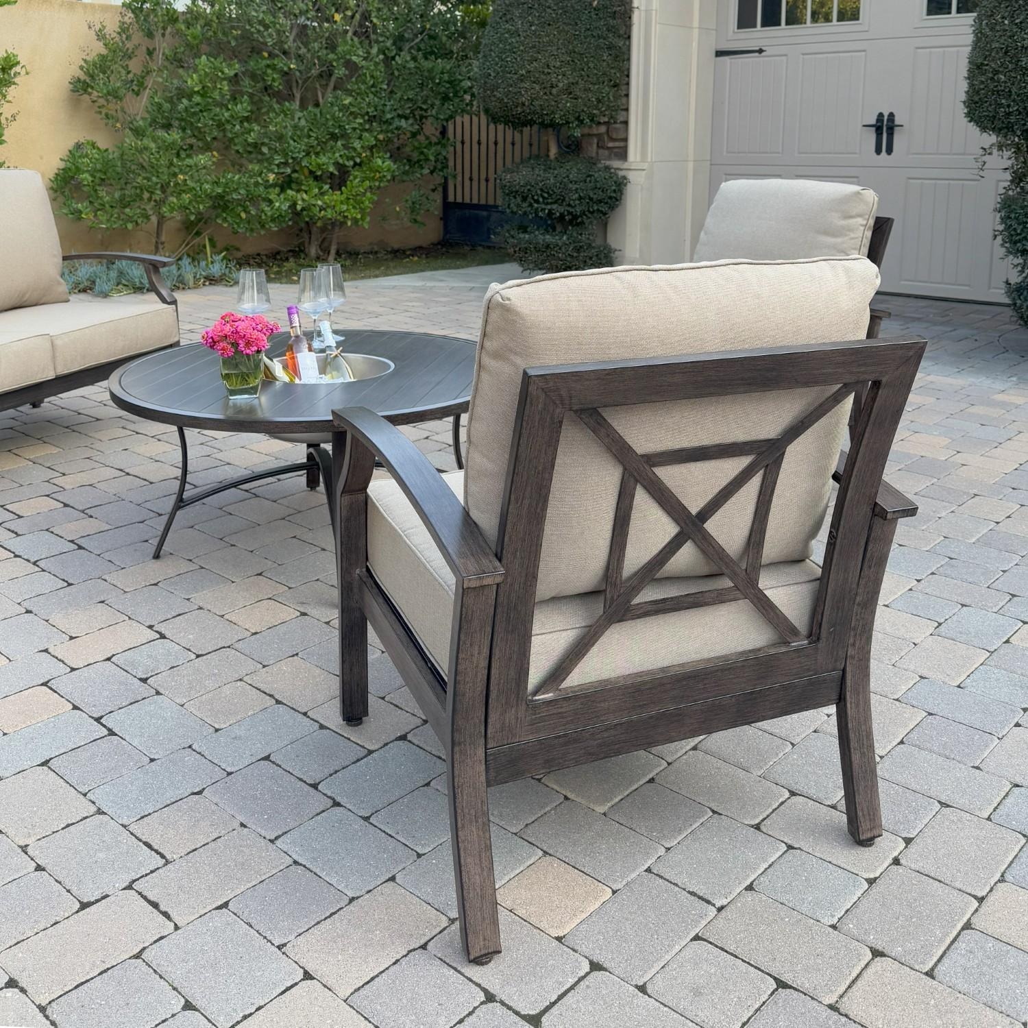 Atlantis 4 Pc Aluminum Seating Set w/ Sofa, 2 Club Chairs & Ice Bucket in Walnut/Beige by Darlee - Chair Rear - Lifestyle thumbnail