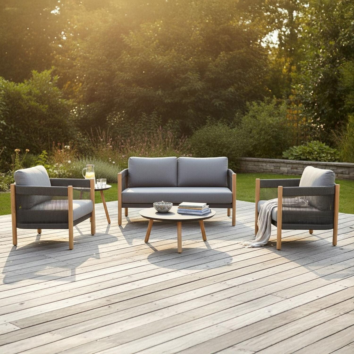 Dekka 5 Pc Seating Set W/ Grey Cushions in Wood By Lakeview Outdoor Designs - On Patio - Lifestyle thumbnail