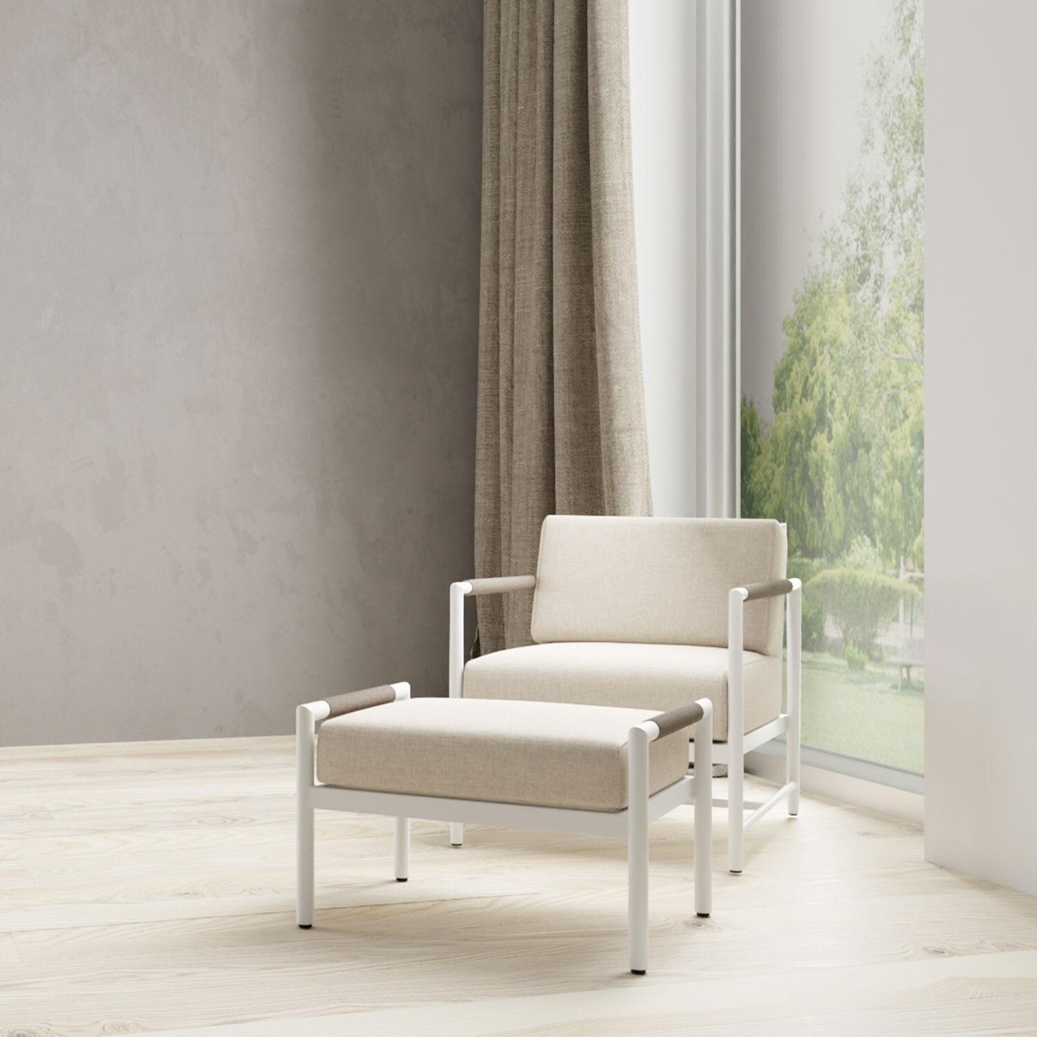 Sabbia Aluminum Club Chair in Echo Midnight w/ No Welt by Sunset West - Indoor Shoot - Styled W/ Ottoman Shown in Echo Ash Cushion Color finish - Lifestyle thumbnail