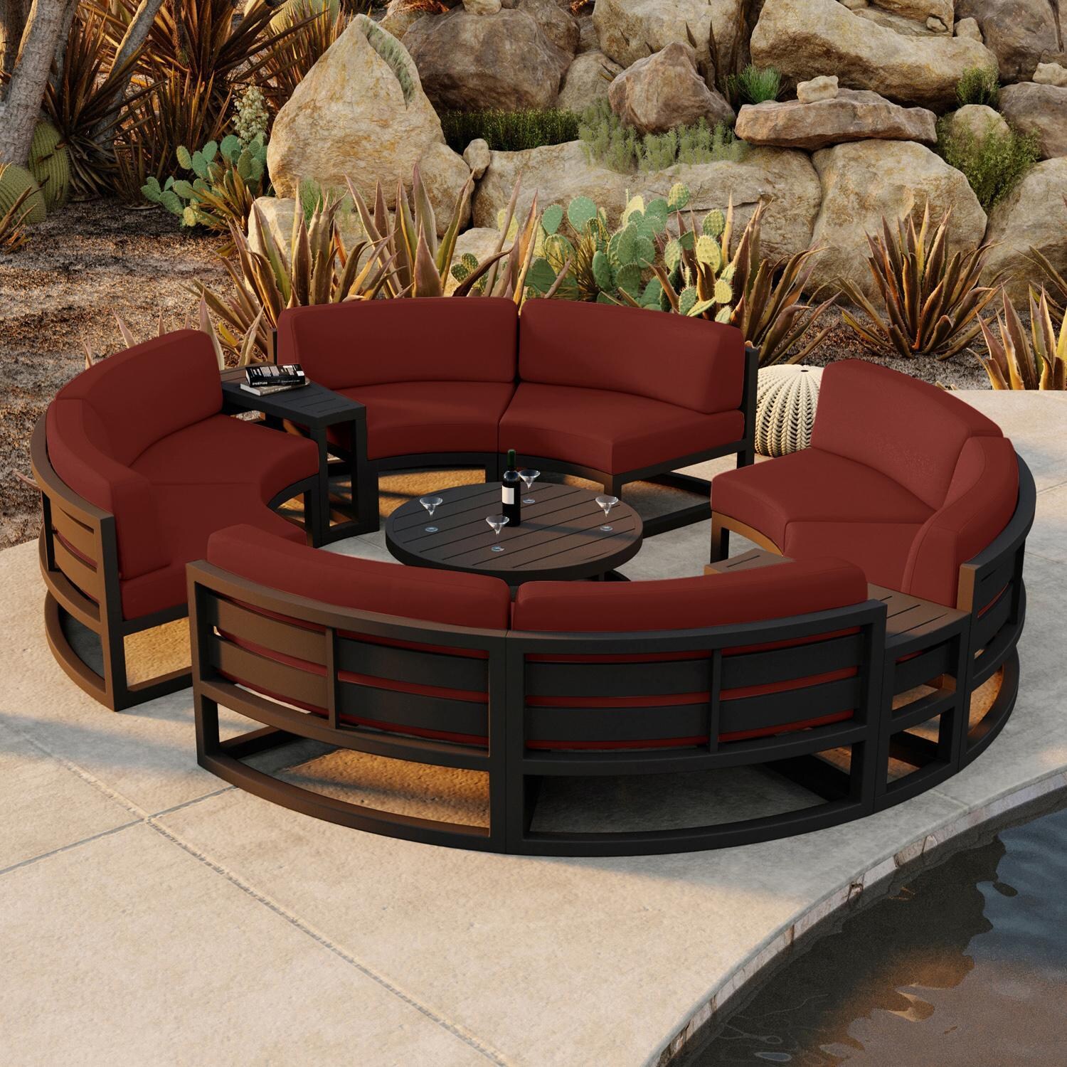 Lakeview MSTYCV-BK-7CSEC-HN Misty Cove 7 Pc Aluminum Curve Sectional Set in Black w/Coffee Table & Canvas Henna Cushions by Lakeview Outdoor Designs - Set by the Pool - Lifestyle thumbnail