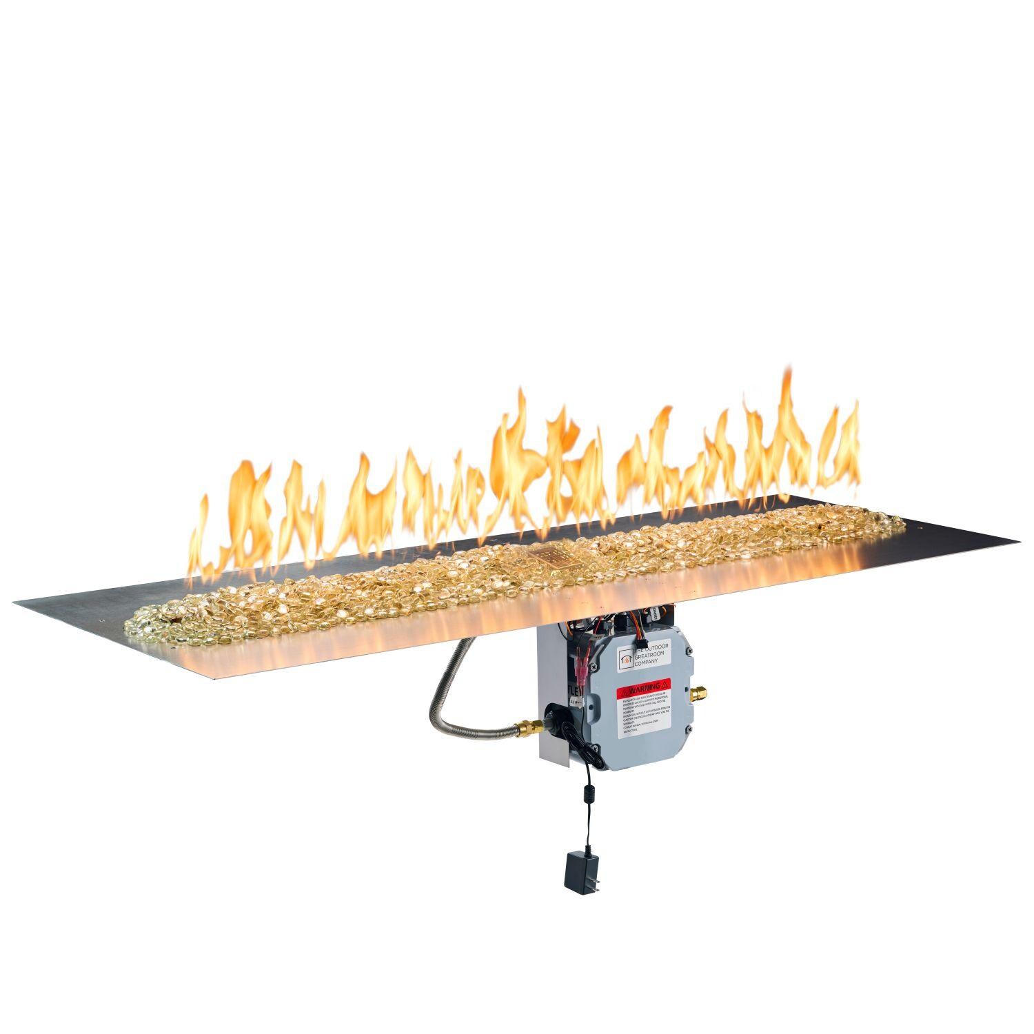 The Outdoor GreatRoom Company BP2464DSILP-B Crystal Fire Plus 64-in Linear Electronic Ignition Propane Gas Fire Pit Burner Plate - Fire On - White Background thumbnail