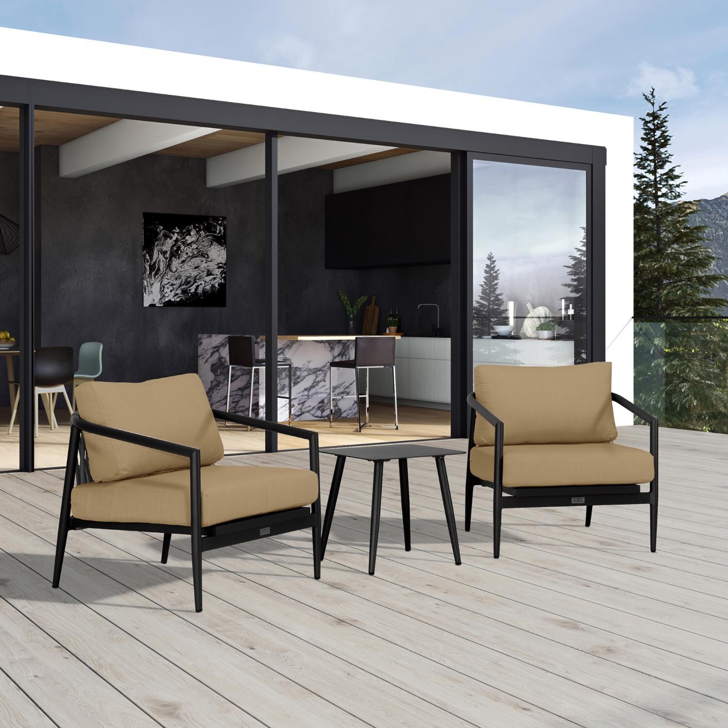 Lakeview Midnight Cove 3 Pc Aluminum Club Chair Seating Set in Black/Carbon/Heather Beige - Detail - Lifestyle thumbnail