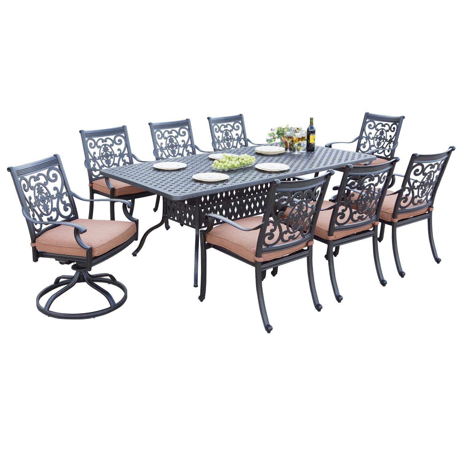 St. Cruz 9 Pc Cast Aluminum Dining Set w/ 84 X 42 Inch Table & 2 Swivel Rockers in Antique Bronze/Spicy Chili by Darlee