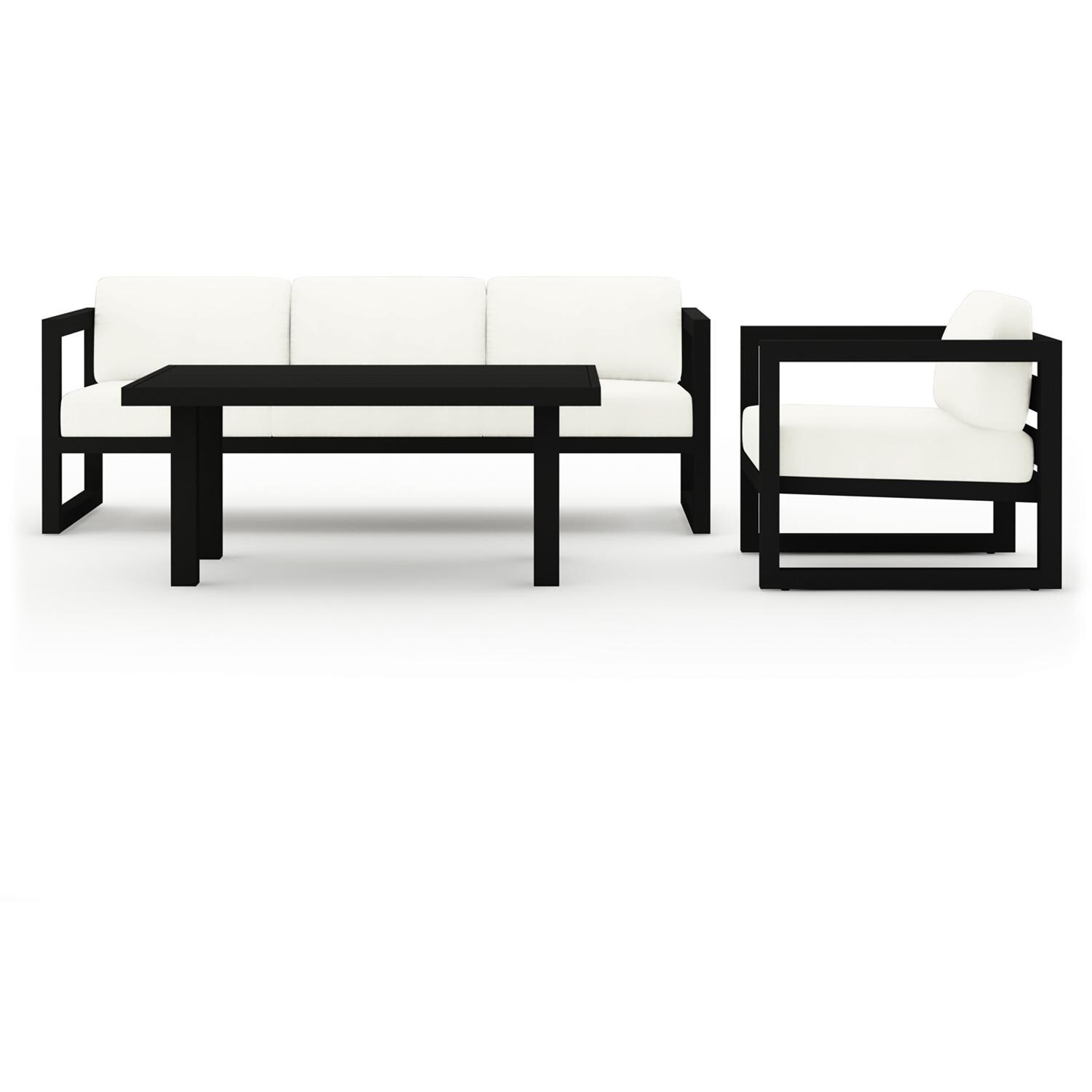 Misty Cove 3 Pc Aluminum Seating Set w/ Sofa & Classic Chat Table in Black/Canvas Natural by Lakeview Outdoor Designs