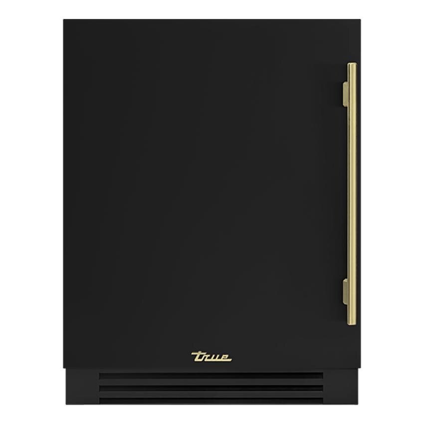 True TURADA-24-LS-A~027-H01 ADA Height 24 Inch 5 Cu. Ft. Left Hinge Outdoor Refrigerator in Matte Black w/ Brass Handles - White Background thumbnail
