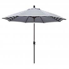 California Umbrella Pacific Trail Series 9 Ft Octagonal Aluminum Push Button Tilt Patio Umbrella W/ Crank Lift - Bronze Frame / Olefin Navy White Cabana Stripe Canopy
