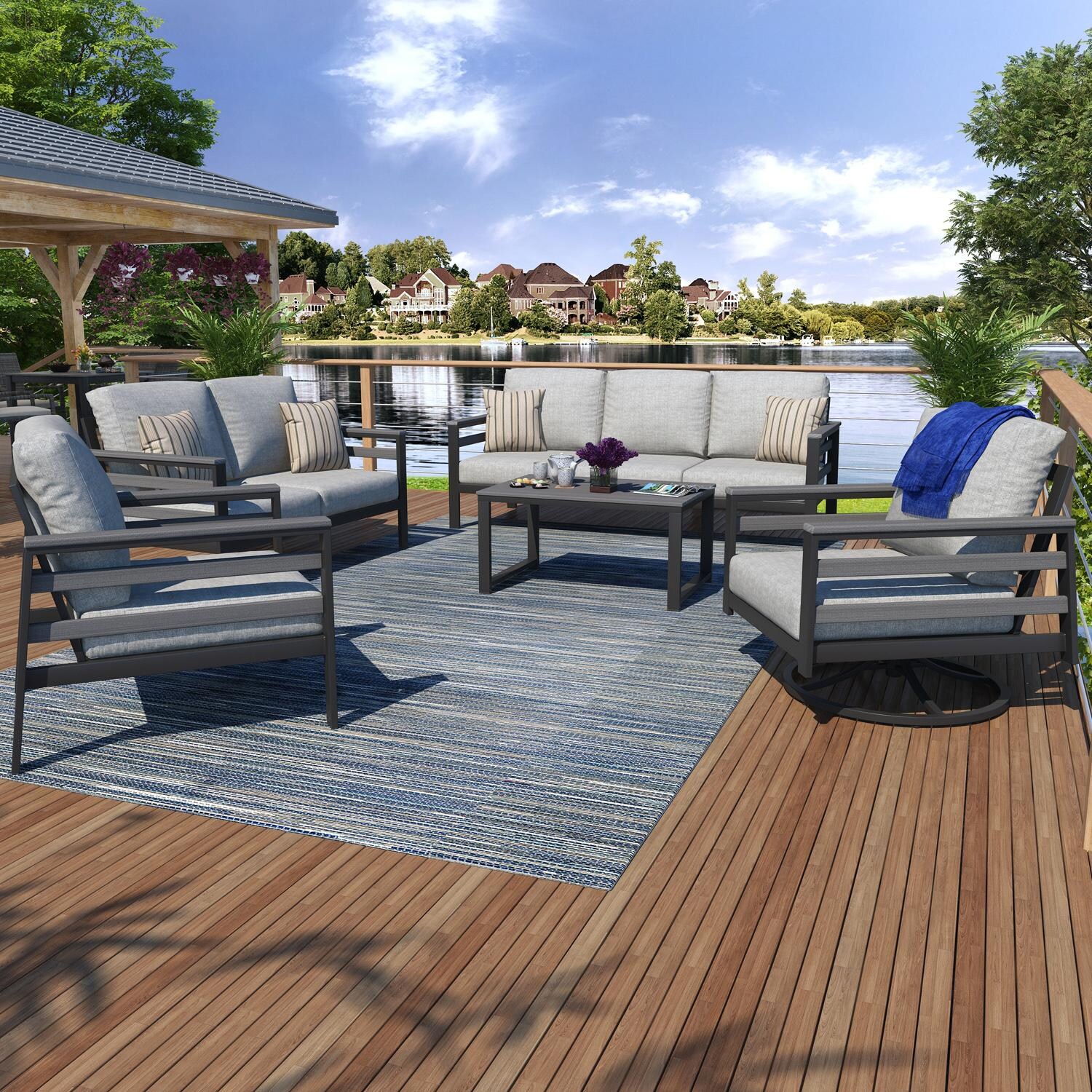 Lakeview NC6400TANGSLAT-11PC-EA Oasis Bay 11 Pc Aluminum Seating Set w/ Slat Side Panels in Gray/Echo Ash - Set - Lifestyle thumbnail