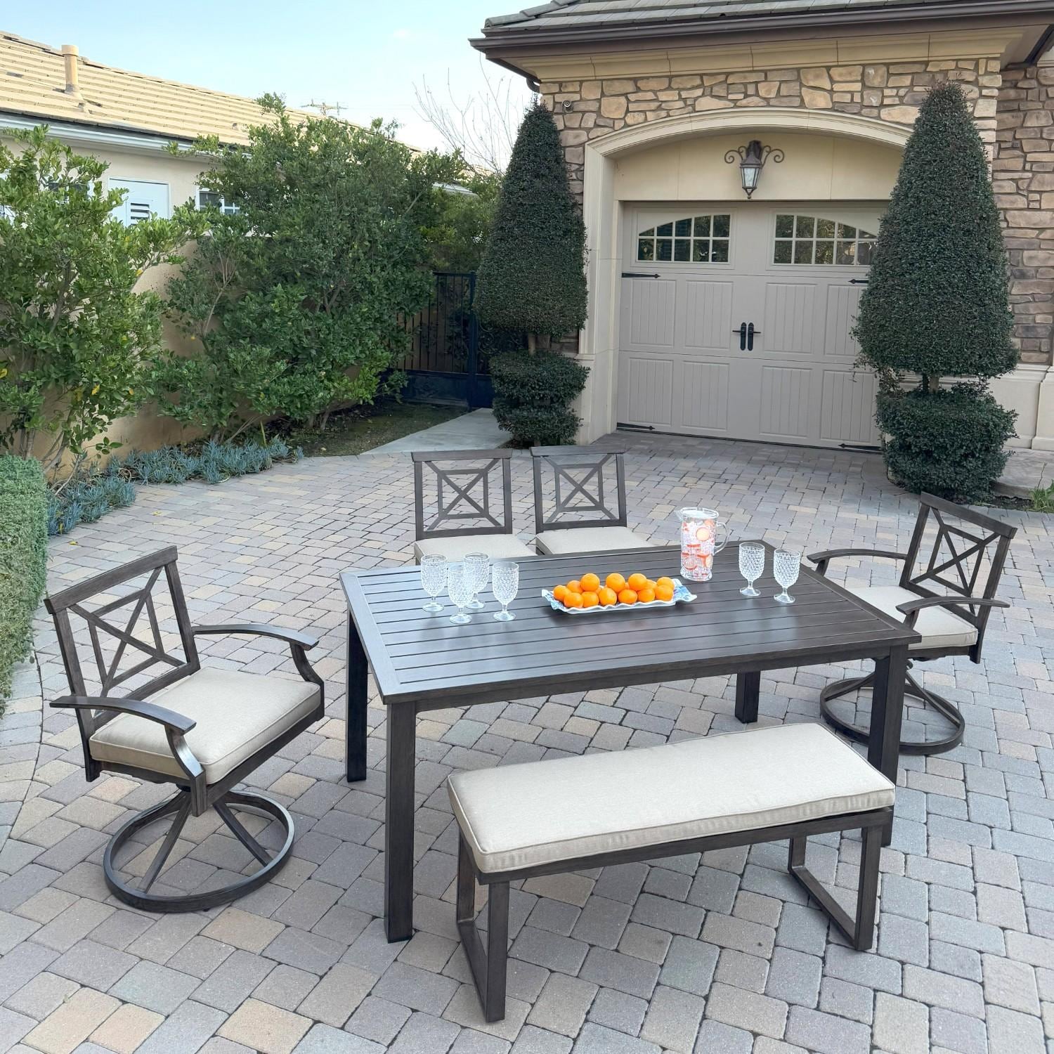 Atlantis 6 Pc Aluminum Dining Set w/ 2 Dining Side Chairs, 2 Swivel Rocker Dining Arm Chairs & Two Person Bench in Walnut/Beige by Darlee - Hero - Lifestyle thumbnail