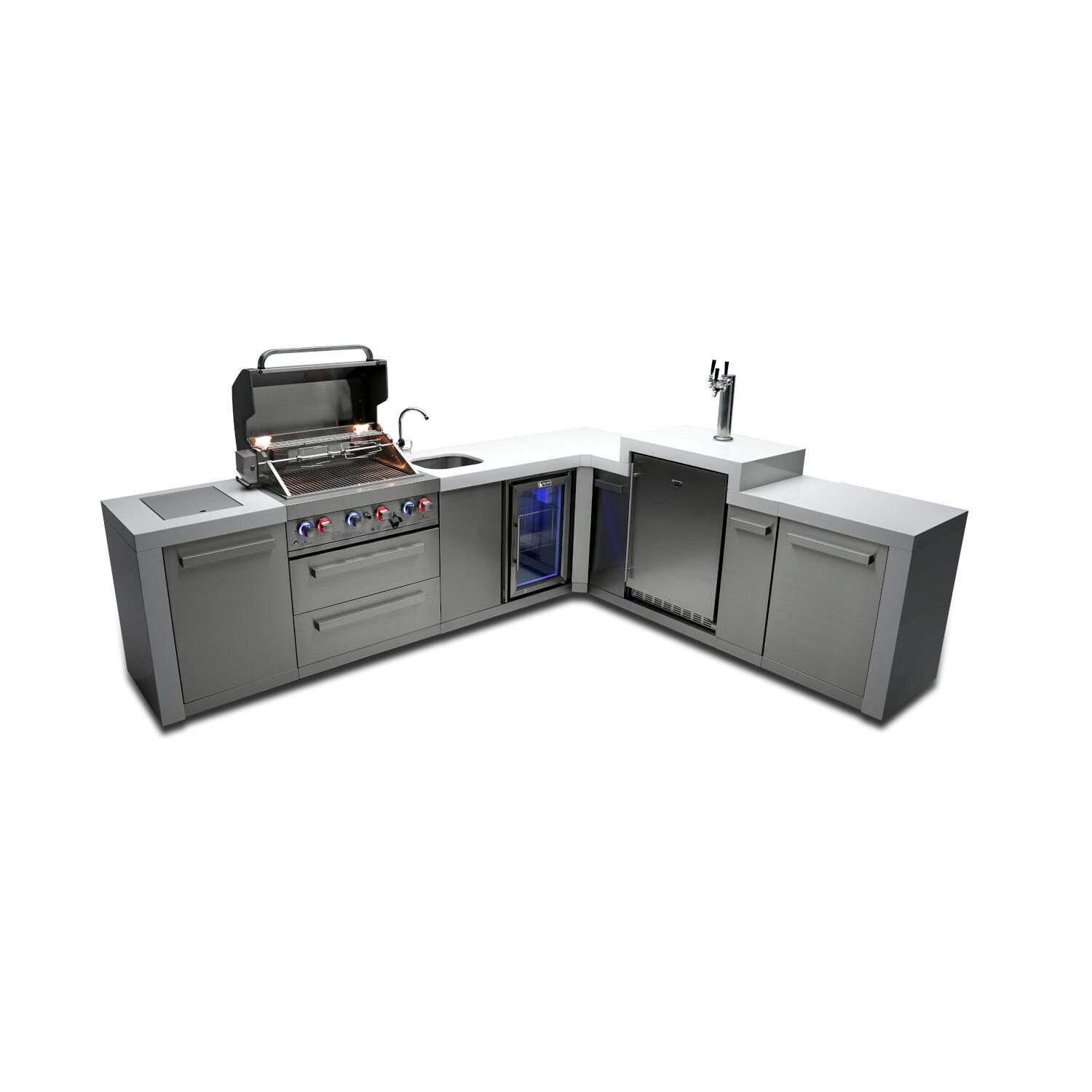 Mont Alpi MAi400-D90KEGBEV 400 Deluxe Propane Island W/ 90 Degree Corner, Kegerator & Beverage Center - Hood Open - White Background