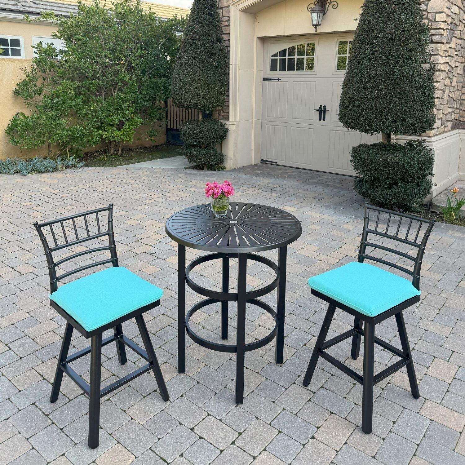 Bella Aluminum 3 Pc Patio Bar Set w/ 30-in Round Counter Height Bar Table in Blue by Darlee - Patio - Lifestyle thumbnail