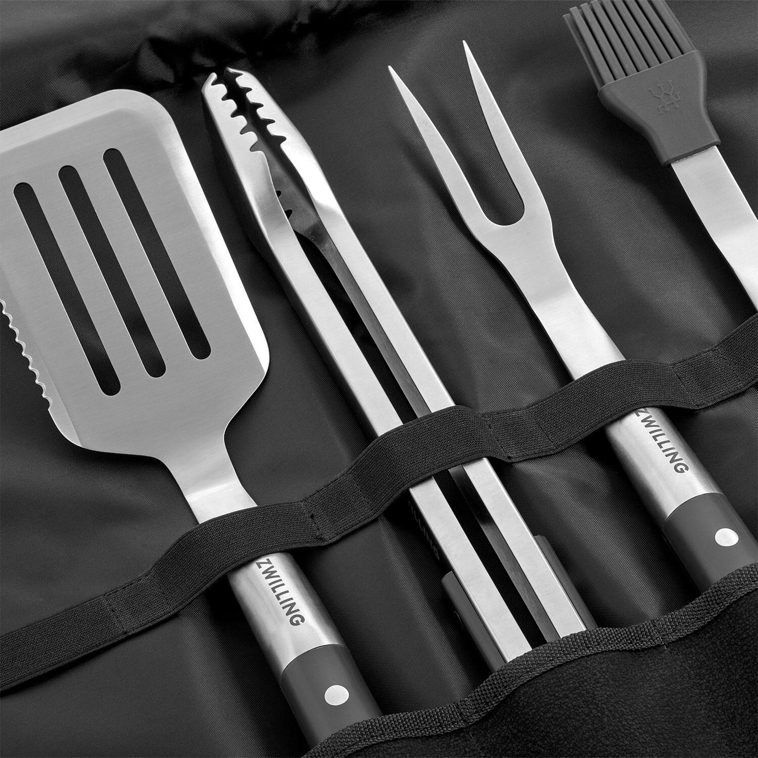 Zwilling Henckels Cutlery 1026269 BBQ+ 5 Pc Stainless Steel Grill Tool Set - Tool Set Strapped in Chef's Wrap - Lifestyle thumbnail