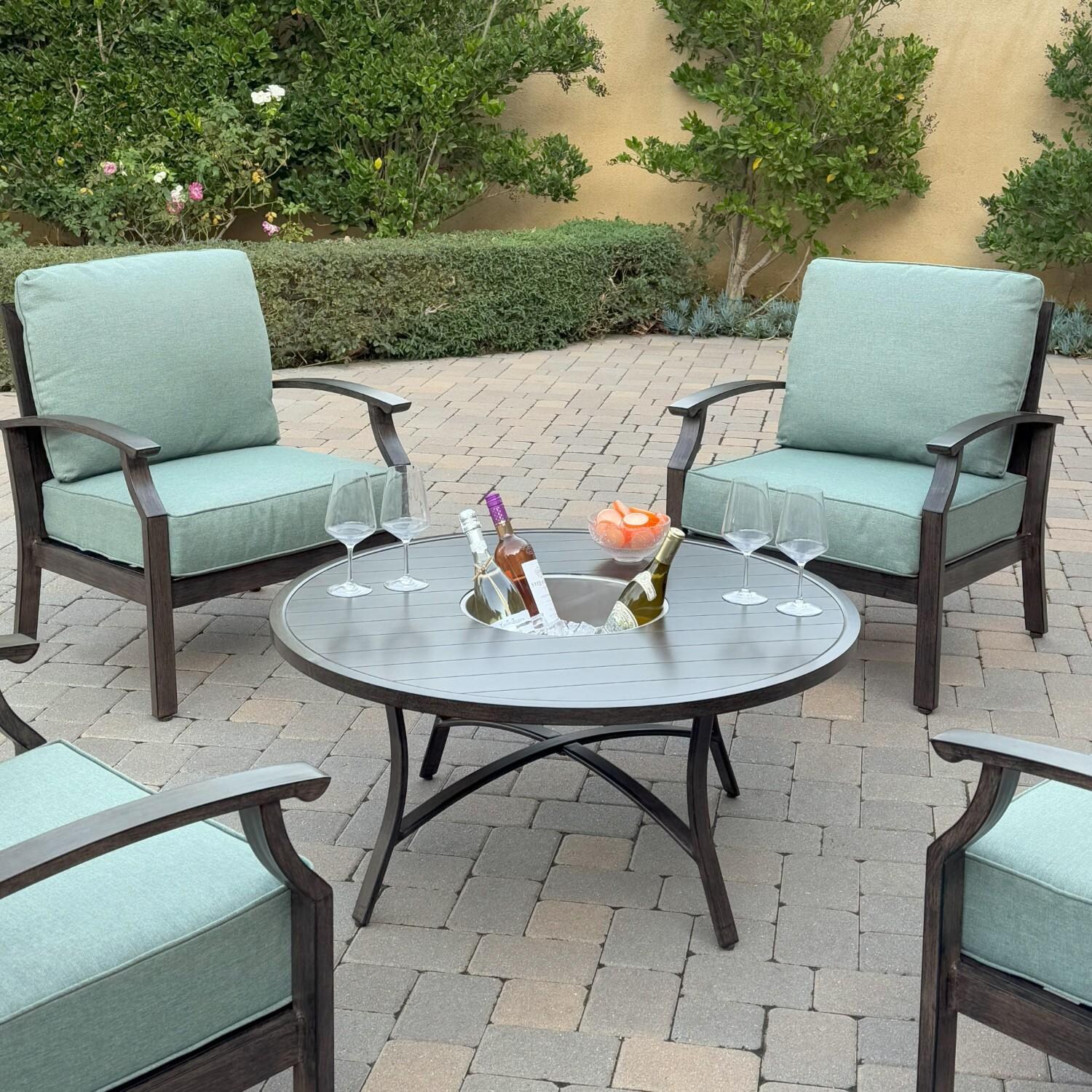 Atlantis 5 Pc Aluminum Seating Set w/ 4 Club Chairs & Ice Bucket in Walnut/Spa by Darlee - Chairs & Table - Lifestyle thumbnail
