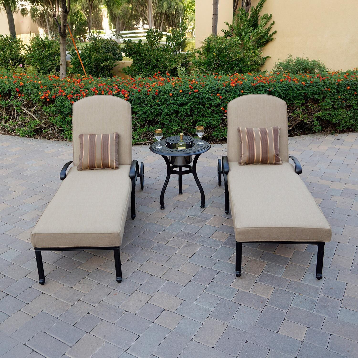 Elisabeth 3 Pc Cast Aluminum Chaise Lounge Set w/ 24 Inch Ice Bucket End Table & in Antique Bronze/Beige Canvas by Darlee
