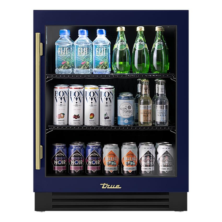 True TURADA-24-RG-A~078-H01 ADA Height 24 Inch 5 Cu. Ft. Right Hinge Glass Door Outdoor Refrigerator in Cobalt w/ Brass Handles - White Background thumbnail
