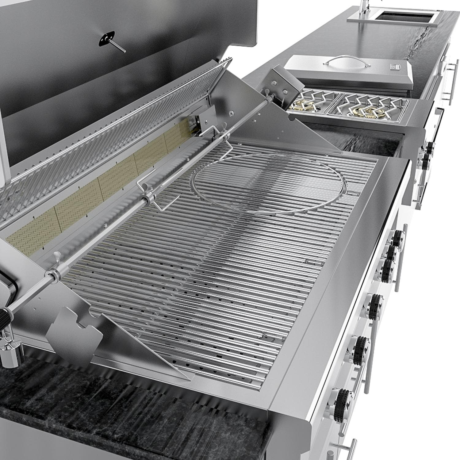 Sunstone Grills SCPFRENCHQUARTER13.7-LP French Quarter 13 1/2 Ft Outdoor Kitchen Island w/ Propane Grill & Side Burner, Sink, Refrigerator, Door & Drawer - Grates - Detail thumbnail